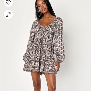 Lulus Sweetheart Aura Brown Ditsy Ruffle Floral Balloon Sleeve Skater‎ Dress S